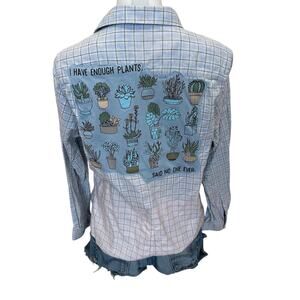 Plant Lover Plaid Flannel Shirt LARGE Oversize Blue Gardener Gift Upcycle Unique